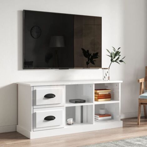 Meuble TV-Banc TV-Meuble Télé blanc brillant 102x35,5x47,5 cm bois d'ingénierie 593650 (1/5)