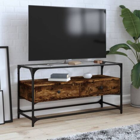 Meuble TV avec dessus en verre-Banc TV-Meuble Télé chêne fumé bois d'ingénierie 846772 (1/5)
