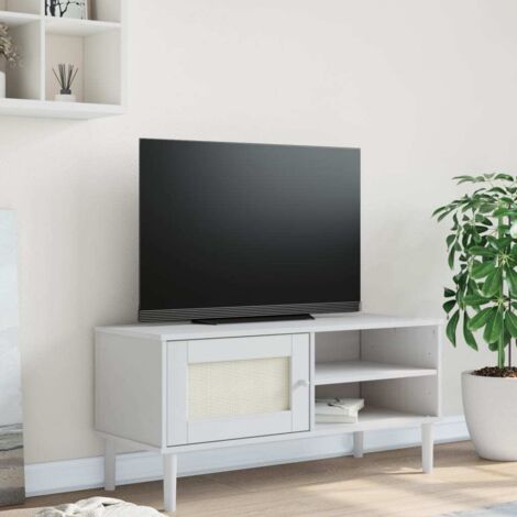 Meuble TV-Banc TV-Meuble Télé SENJA aspect rotin blanc 106x40x49cm bois massif pin 638569 (1/5)