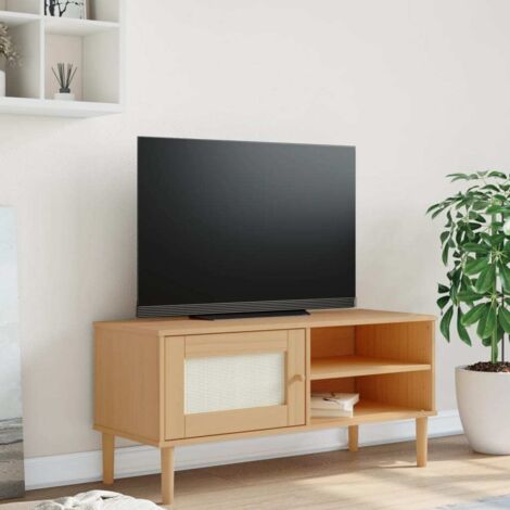Meuble TV-Banc TV-Meuble Télé SENJA aspect rotin marron 106x40x49cm bois massif pin 939279 (1/5)