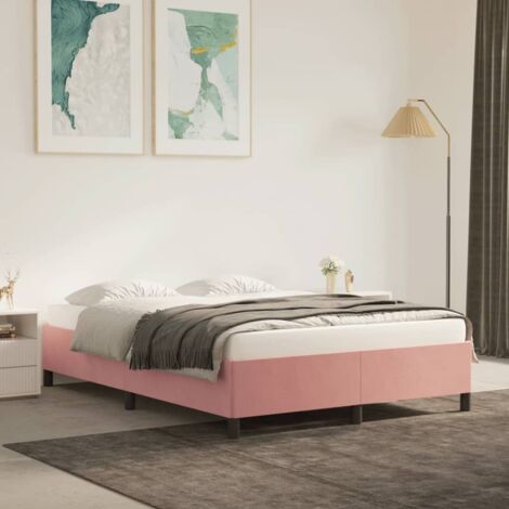 Sommier à Lattes 140x190 Cm – Velours Rose – Lit Plateforme