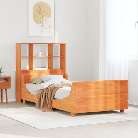 Lit bibliothèque sans matelas-Lit Adulte avec rangements cire marron 100x200cm bois massif 952282 (1/5)