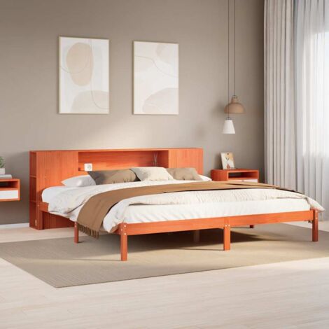 Lit bibliothèque sans matelas-Lit Adulte avec rangements cire marron 200x200 cm pin massif 642370 (1/5)