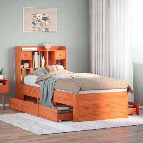 Lit bibliothèque sans matelas-Lit Adulte avec rangements cire marron 75x190 cm pin massif 348871 (1/5)