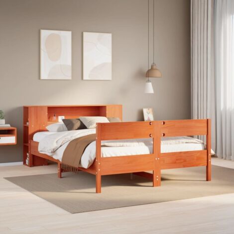 Lit bibliothèque sans matelas-Lit Adulte avec rangements cire marron 150x200 cm pin massif 580114 (1/5)