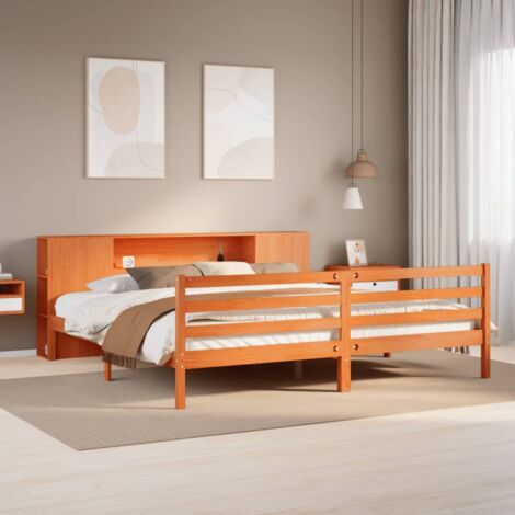 Lit bibliothèque sans matelas-Lit Adulte avec rangements cire marron 200x200 cm pin massif 284464 (1/5)