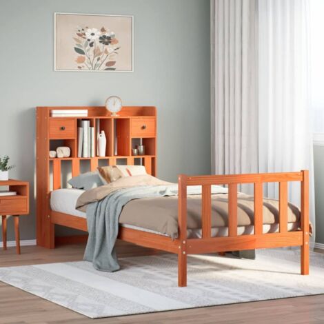 Lit bibliothèque sans matelas-Lit Adulte avec rangements cire marron 100x200 cm pin massif 107004 (1/5)