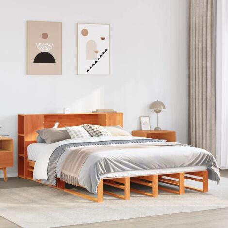 Lit bibliothèque sans matelas-Lit Adulte avec rangements cire marron 140x200cm bois massif 931578 (1/5)