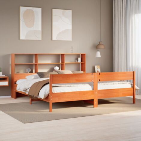 Lit bibliothèque sans matelas-Lit Adulte avec rangements cire marron 180x200 cm pin massif 585355 (1/5)