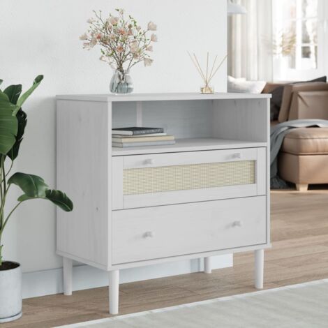 Buffet-Meuble de rangement SENJA aspect rotin blanc 80x40x80 cm bois massif de pin 482407 (1/5)