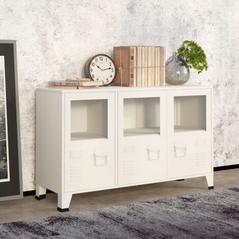 Buffet-Meuble de rangement industriel Blanc 105x35x62 cm Métal et verre 147725 (1/5)