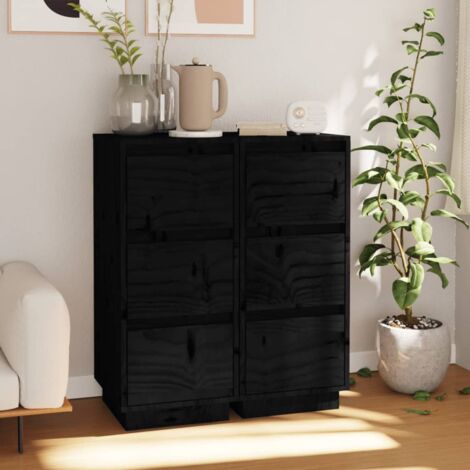 Buffets 2 pcs-Lot de 2 Meuble de rangement Noir 32x34x75 cm Bois massif de pin 302004 (1/5)