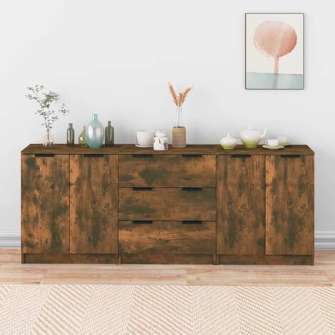 Buffets 3 pcs-Lot de 3 Meuble de rangement Chêne fumé Bois d'ingénierie 822832 (1/5)
