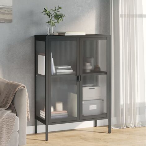 Buffet-Meuble de rangement noir 75x35x105 cm verre et acier 711939 (1/5)
