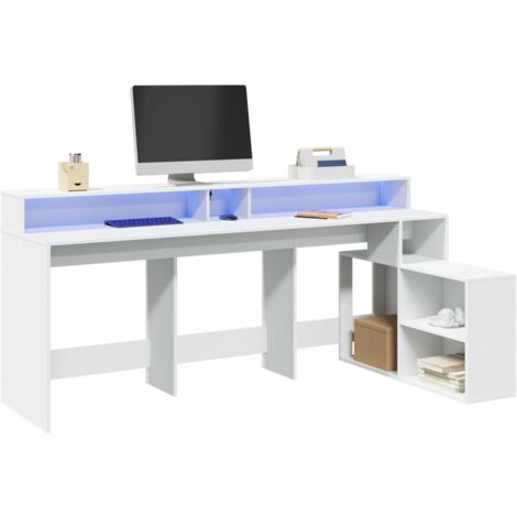Bureau avec lumières LED-Table de Travail à LED-Bureau d'ordinateur blanc 200x104x91 cm bois d'ingénierie 289459 (1/5)