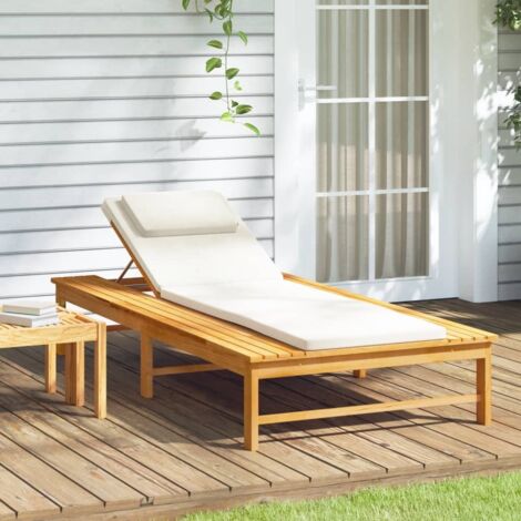 Chaise longue-Bain de soleil-Transat de relaxation coussin/oreiller blanc crème bois massif acacia 611669