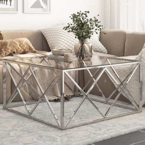 Table basse-Table Salon-Table d'appoint argenté acier inoxydable et verre trempé 343325 (1/5)