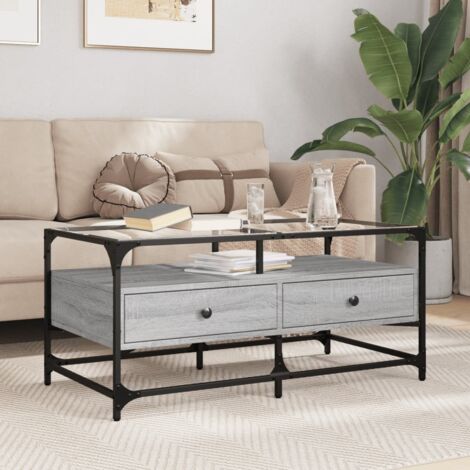 Table basse avec dessus en verre-Table Salon-Table d'appoint sonoma gris 98,5x50x45cm acier 513058 (1/5)