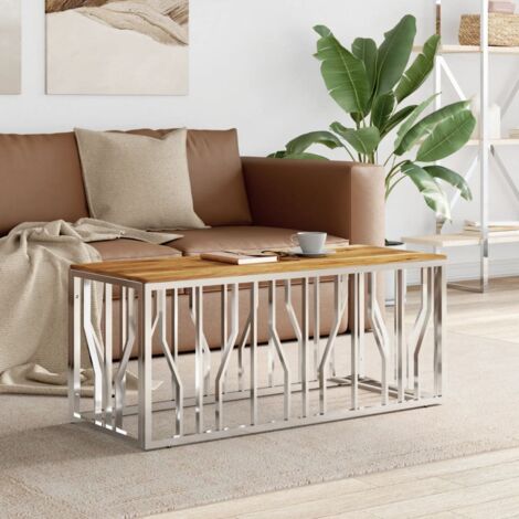 Table basse-Table Salon-Table d'appoint argenté acier inoxydable et bois massif d'acacia 316363 (1/5)