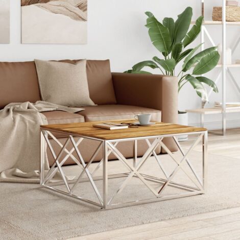 Table basse-Table Salon-Table d'appoint argenté acier inoxydable et bois massif d'acacia 440736 (1/5)