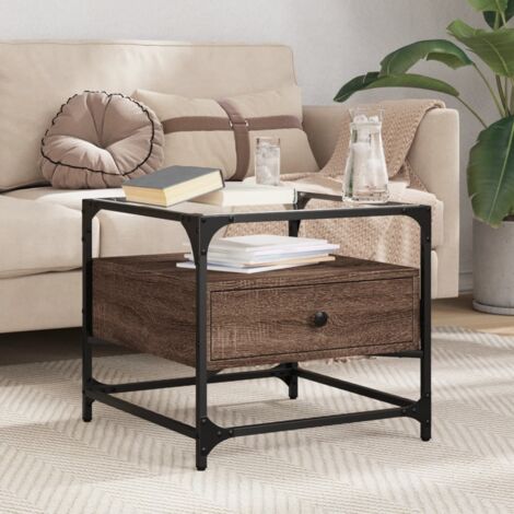 Table basse et dessus en verre-Table Salon chêne marron 50x50x45 cm acier 514040 (1/5)