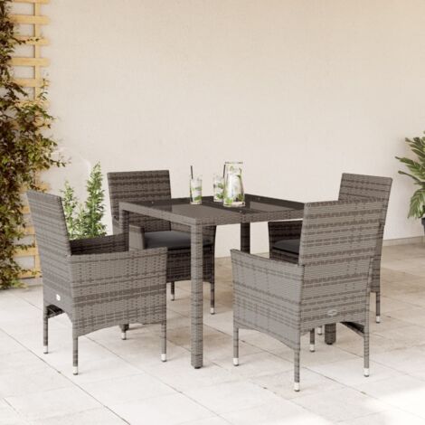 Ensemble à manger de jardin et coussins 5 pcs-Salon de jardin-Ensemble repas d'extérieur gris rotin verre 843052 (1/5)