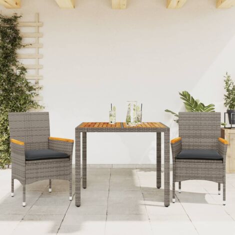 Ensemble à manger de jardin et coussins 3 pcs-Salon de jardin-Ensemble repas d'extérieur gris rotin acacia 210328 (1/5)