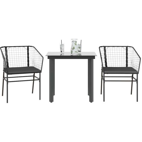 Ensemble à manger de jardin et coussins 3 pcs-Salon de jardin-Ensemble repas d'extérieur noir rotin verre 230609 (1/5)