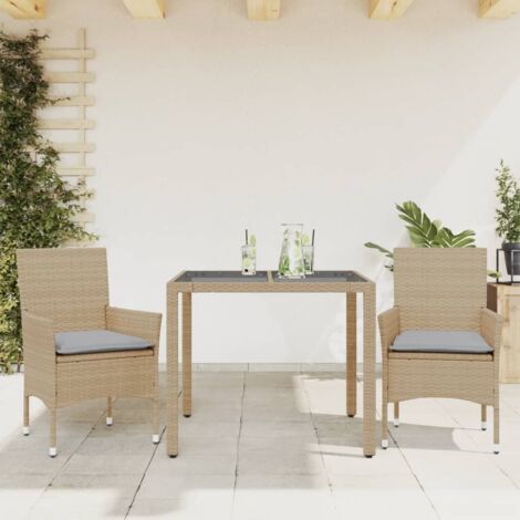 Ensemble à manger de jardin et coussins 3 pcs-Salon de jardin-Ensemble repas d'extérieur beige rotin verre 967146 (1/5)