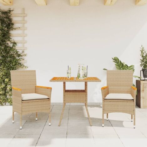 Ensemble à manger de jardin et coussins 3 pcs-Salon de jardin-Ensemble repas d'extérieur beige rotin acacia 750493 (1/5)