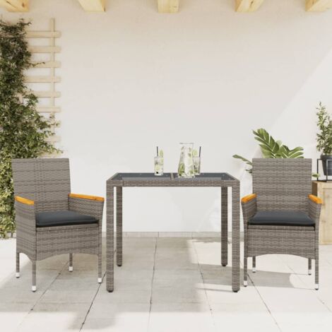 Ensemble à manger de jardin et coussins 3 pcs-Salon de jardin-Ensemble repas d'extérieur gris rotin verre 589311 (1/5)