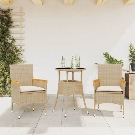 Ensemble à manger de jardin et coussins 3 pcs-Salon de jardin-Ensemble repas d'extérieur beige rotin verre 640566 (1/5)