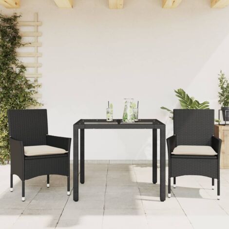 Ensemble à manger de jardin et coussins 3 pcs-Salon de jardin-Ensemble repas d'extérieur noir rotin verre 193011 (1/5)