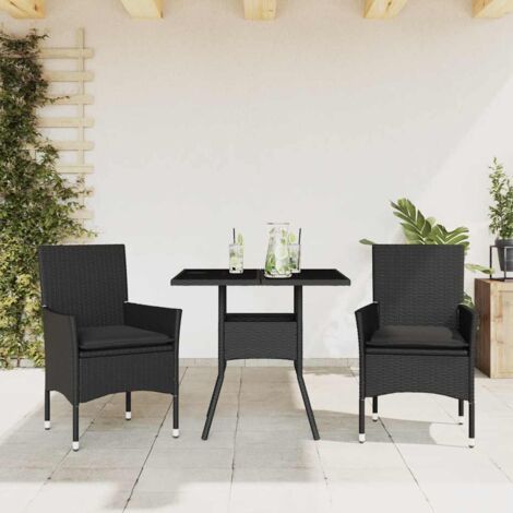 Ensemble à manger de jardin et coussins 3 pcs-Salon de jardin-Ensemble repas d'extérieur noir rotin verre 355034 (1/5)