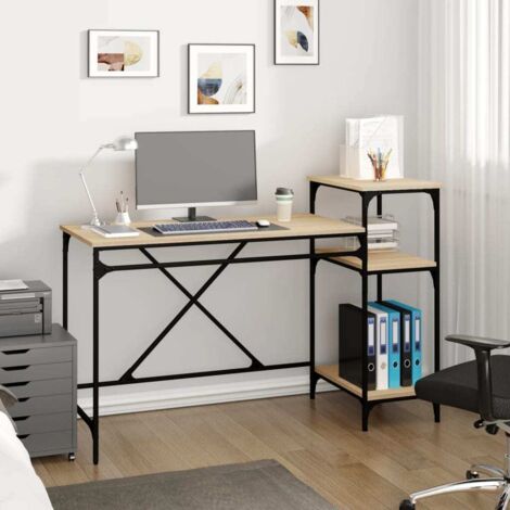 Bureau et étagères-Table de Travail-Bureau d'ordinateur chêne sonoma 135x50x90cm bois ingénierie/fer 104234 (1/5)