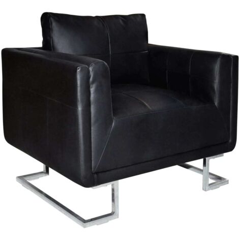 Fauteuil cube avec pieds chromés-Chaise de relaxation Noir Similicuir 465924 (1/5)