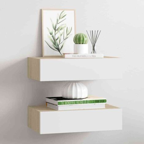 Étagères à tiroir murales 2 pcs-Étagère flottante-Étagère de rangement suspendue Chêne et blanc 40x23,5x10cm MDF 510425 (1/5)