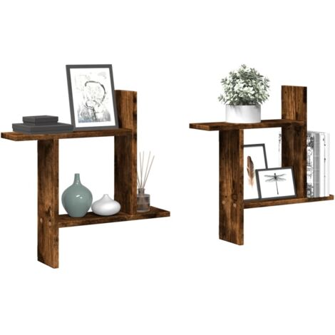 Étagères murales 2 pcs-Étagère flottante-Étagère de rangement suspendue chêne fumé 50x12x50 cm Bois d'ingénierie 889514 (1/5)
