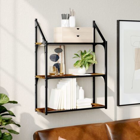Étagère murale 3 niveaux-Étagère flottante-Étagère de rangement suspendue chêne fumé 60x21x78,5 cm 682584 (1/5)