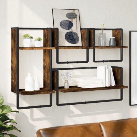Ensemble d'étagères murales avec barres 4 pcs-Étagères flottantes-Étagères Suspendues chêne fumé 863433 (1/5)