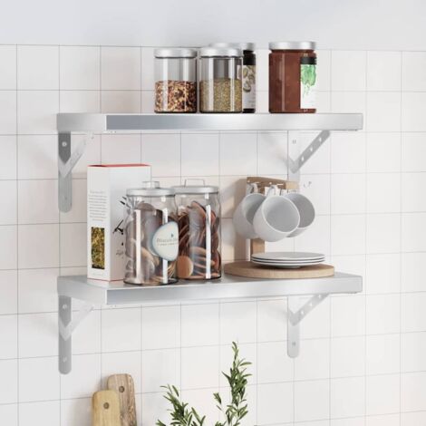 Étagères murales 2 pcs-Étagère flottante-Étagère de rangement suspendue 50x23,5 cm argenté acier inoxydable 853465 (1/5)