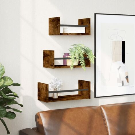 Ensemble d'étagères murales avec barres 3 pcs-Étagères flottantes-Étagères Suspendues chêne fumé 954580 (1/5)