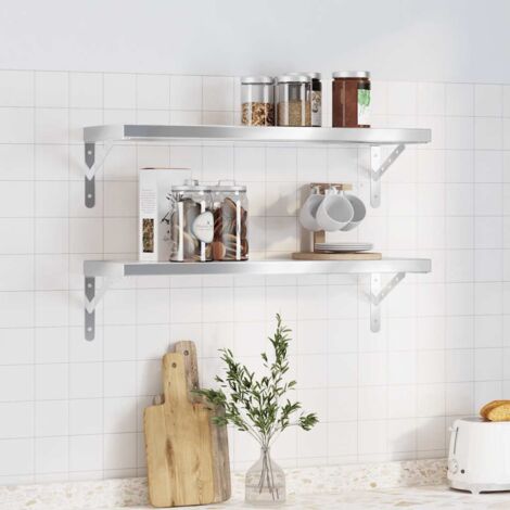 Étagères murales 2 pcs-Étagère flottante-Étagère de rangement suspendue 75x23,5x3 cm argenté acier inoxydable 958587 (1/5)