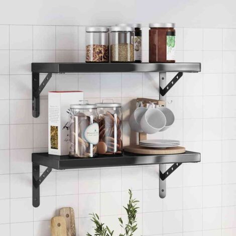 Étagères murales 2 pcs-Étagère flottante-Étagère de rangement suspendue 50x23,5 cm noir acier inoxydable 781881 (1/5)
