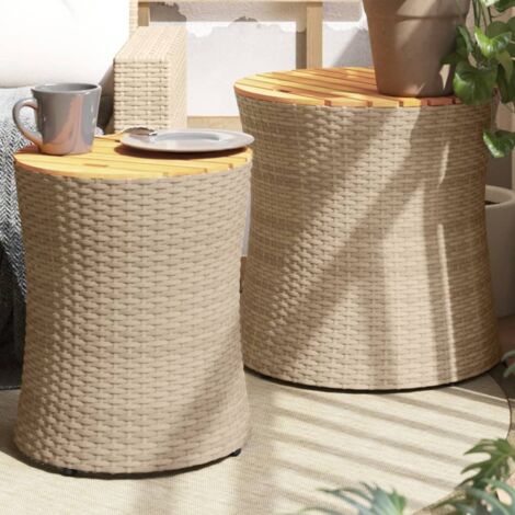 Tables d'appoint de jardin 2pcs-Table d'extérieur dessus en bois beige poly rotin 169716 (1/5)