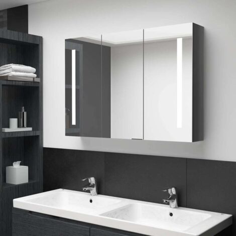 Armoire de salle de bain à miroir LED-Meuble de salle de bain 89x14x62 cm Gris brillant 928915 (1/5)