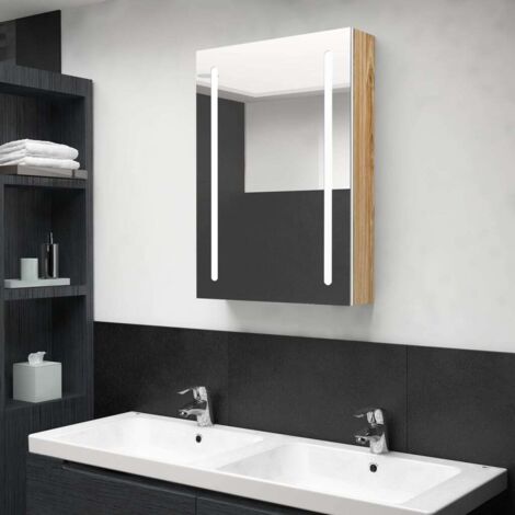 Armoire de salle de bain à miroir LED-Meuble de salle de bain blanc et chêne 50x13x70cm 688348 (1/5)