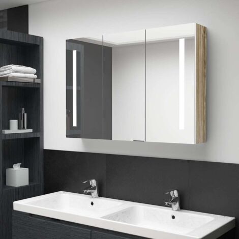 Armoire de salle de bain à miroir LED-Meuble de salle de bain 89x14x62cm blanc et chêne 156613 (1/5)