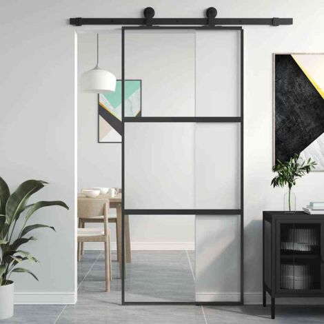 Porte Coulissante-Porte intérieure noir 90x205 cm verre trempé aluminium 701229
