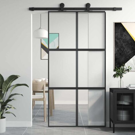 Porte Coulissante-Porte intérieure noir 102,5x205 cm verre trempé aluminium 694565